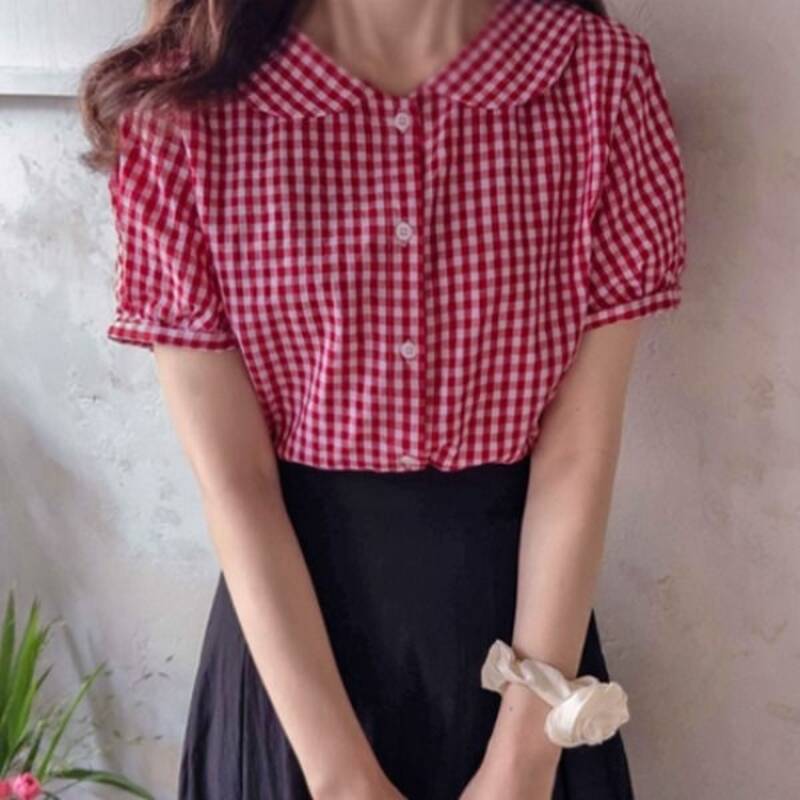 앤카메론 블라우스 후기, 리린 블라우스, 둥근카라 블라우스 코디, 썸머체크 블라우스 스타일링, 튤립소매 블라우스 장점