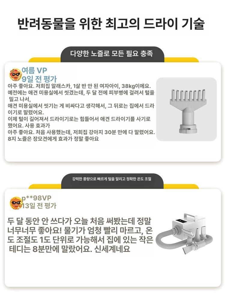 무소음 대형견 고양이 반려동물 드라이기 털 말리는 장치 월하백 스마트 음이온 바람3단 조절 온도