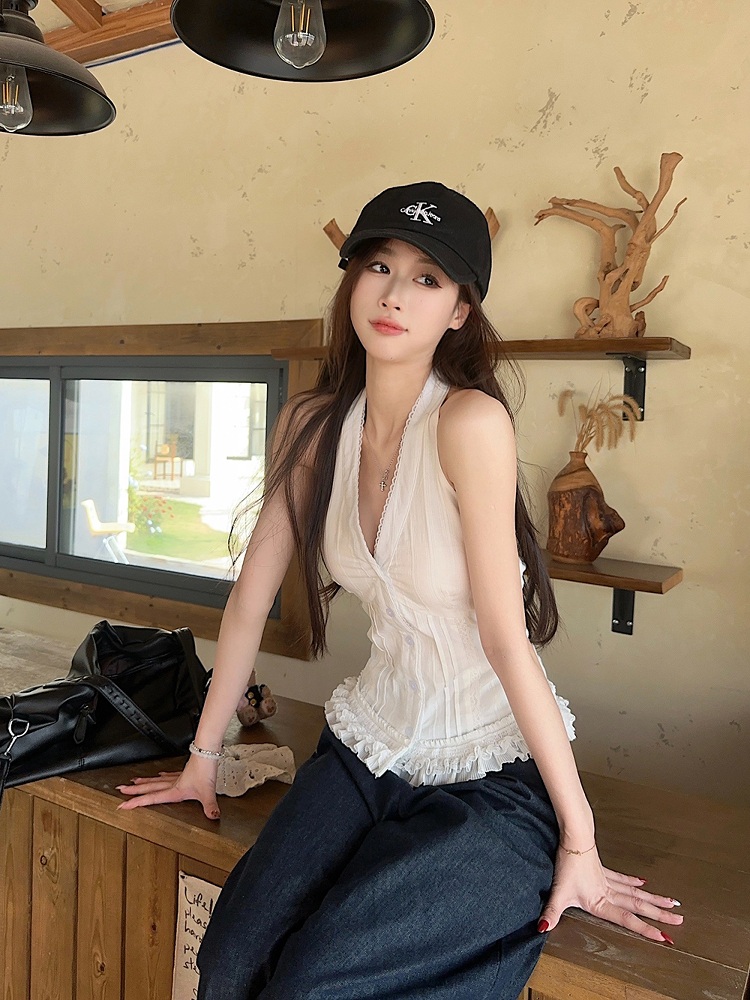 브이넥 홀터넥 레이어드조끼블라우스 힙한 프릴레이스포인트 캐미솔탑 빅사이즈 4XL까지 화이트 - 상세 이미지 4