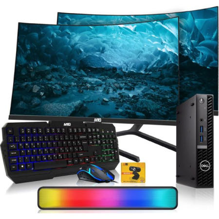 [해외]Dell Optiplex Tiny Mini 데스크톱 PC, 인텔 코어 i5, 32GB RAM, 24인치 커브드 모니터 포함 1TB SSD 듀얼, AI 지원 RGB 키보드 마