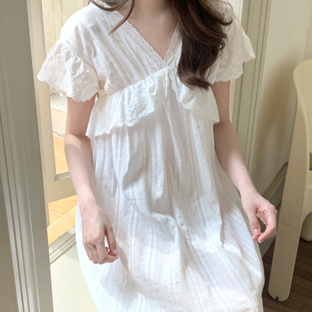 레이스잠옷 실내원피스 순면 실내 프릴 여름 잠옷 - 상세 이미지 3