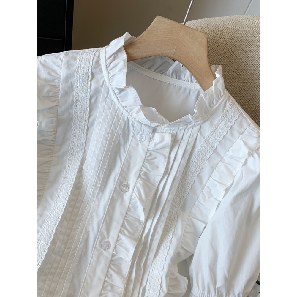 프릴라운드넥 크롭 반팔블라우스 프렌치 러플 레이스 일본풍 주름 디자인 중년여성 화이트 - 상세 이미지 2