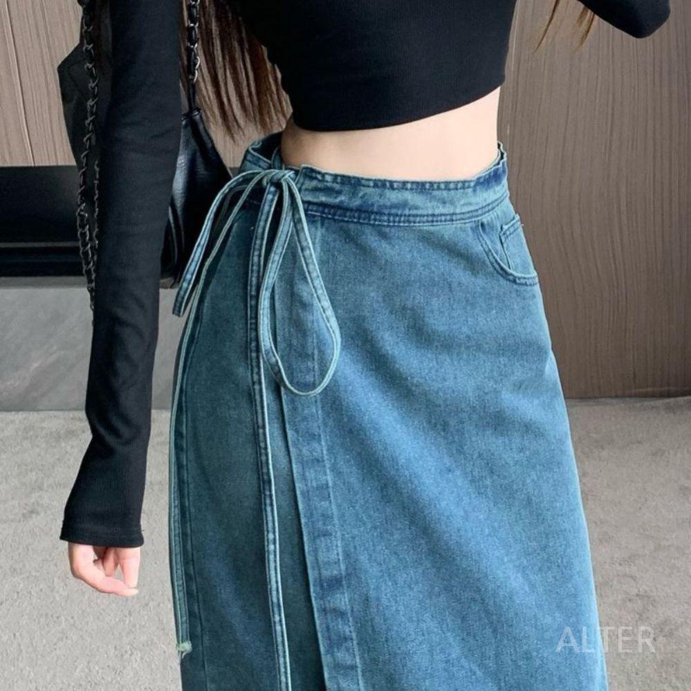 데님롱스커트 랩 스커트 데님 - 상품 이미지