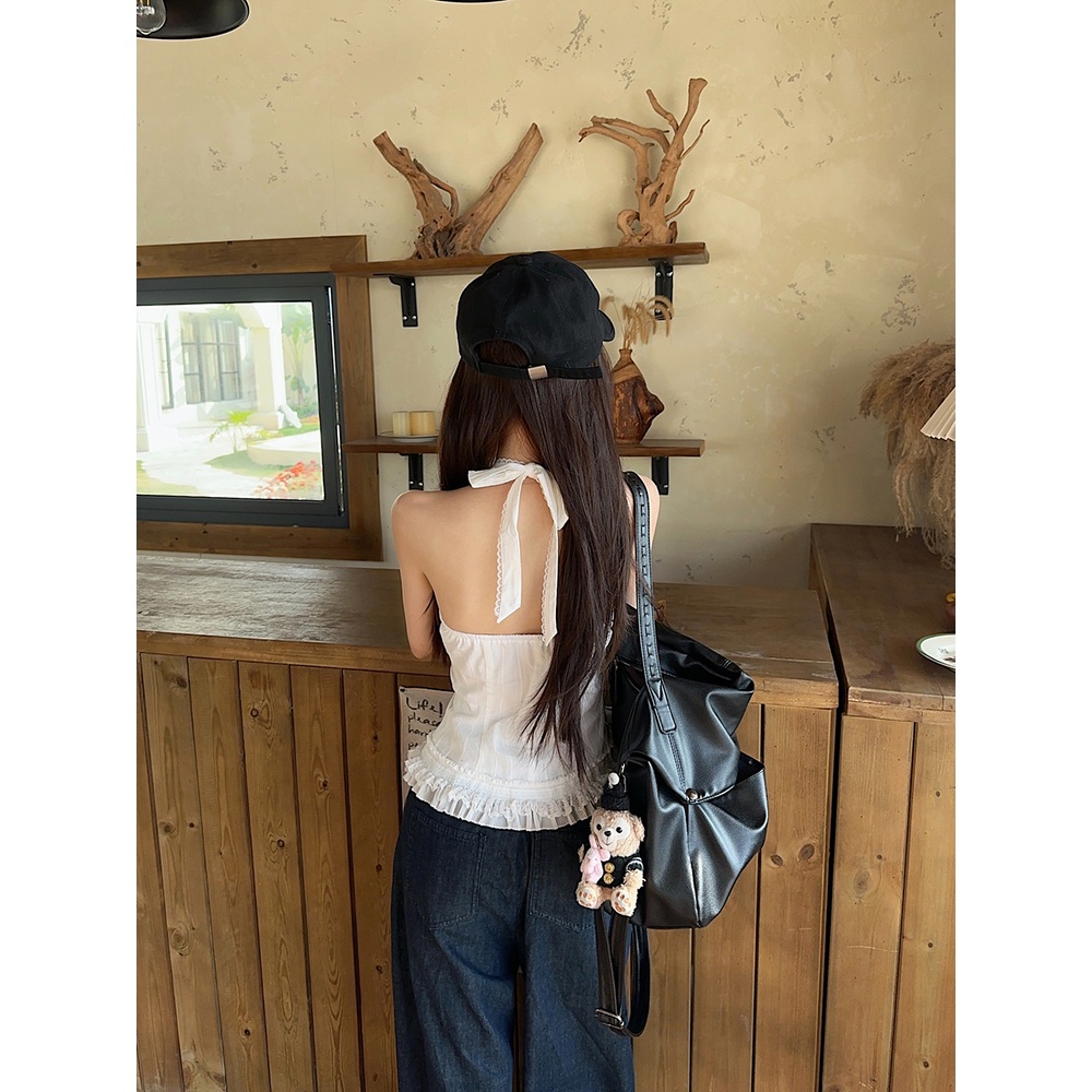 브이넥 홀터넥 레이어드조끼블라우스 힙한 프릴레이스포인트 캐미솔탑 빅사이즈 4XL까지 화이트 - 상세 이미지 2