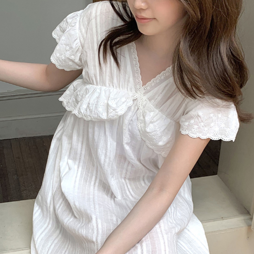레이스잠옷 실내원피스 순면 실내 프릴 여름 잠옷 - 상세 이미지 2