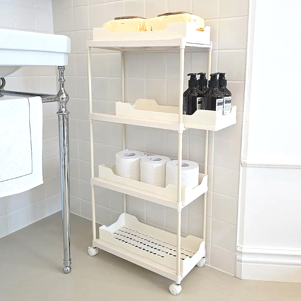 이동식 슬라이딩 4단 트롤리 틈새 선반 단수 조절 주방 욕실 다용도 세탁방 공간 활용