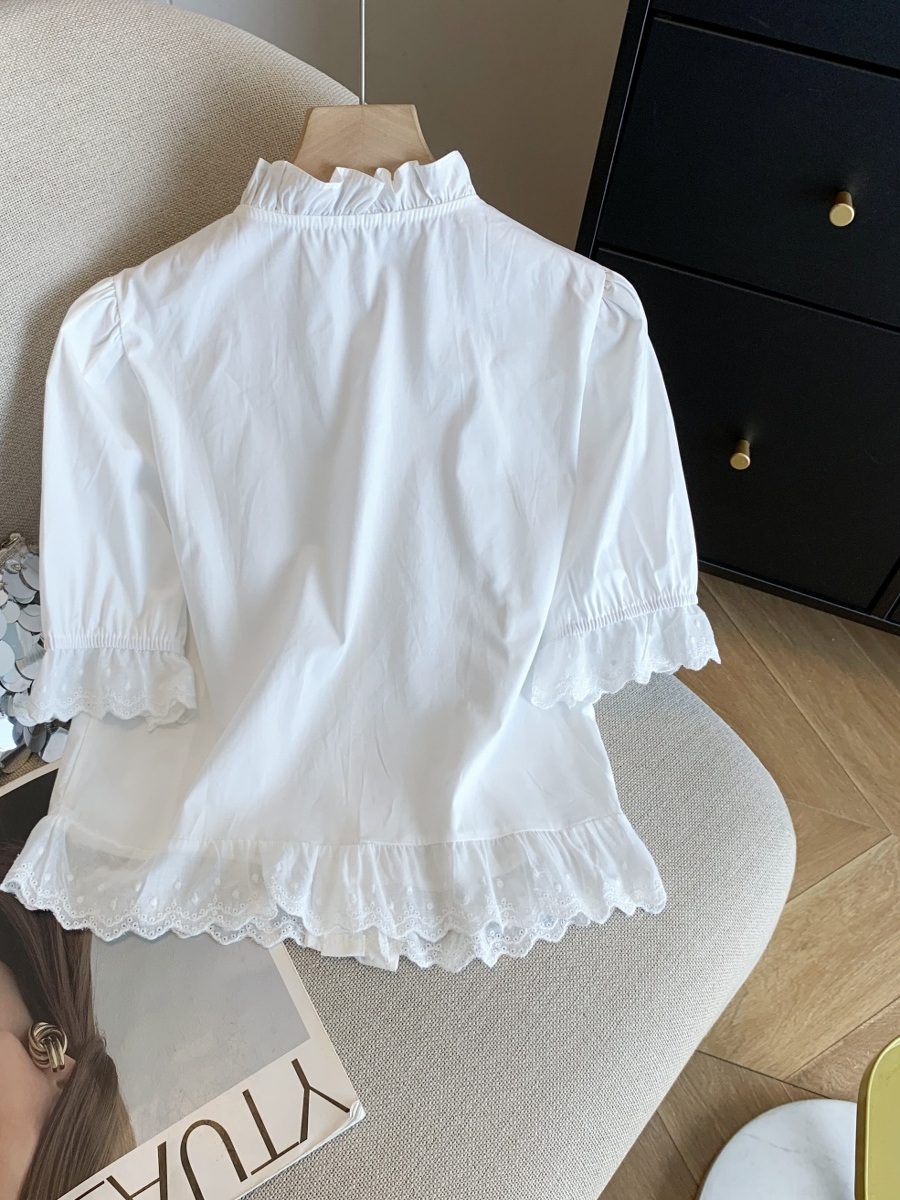 프릴라운드넥 크롭 반팔블라우스 프렌치 러플 레이스 일본풍 주름 디자인 중년여성 화이트 - 상세 이미지 5