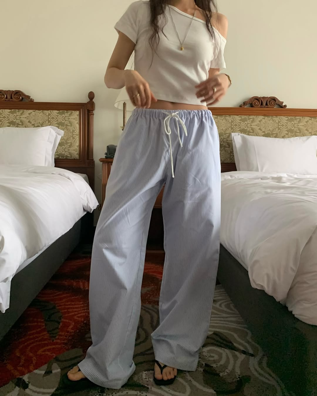 오버무드 여성 썸머 스프라이프 무지 코튼 와이드 밴딩 팬츠 3color - 상품 이미지