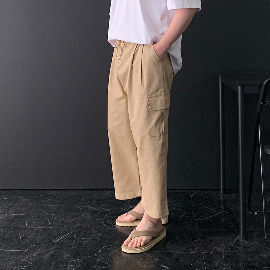 1+1 남자 여름바지 와이드 남성 린넨바지 카고 투턱 9부 스판 밴딩 빅 사이즈 고무줄 치노 팬츠 - 상세 이미지 5