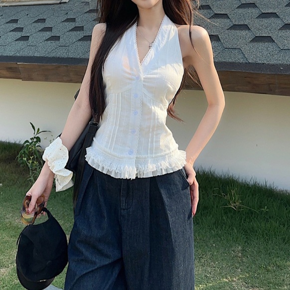 브이넥 홀터넥 레이어드조끼블라우스 힙한 프릴레이스포인트 캐미솔탑 빅사이즈 4XL까지 화이트 - 상품 이미지