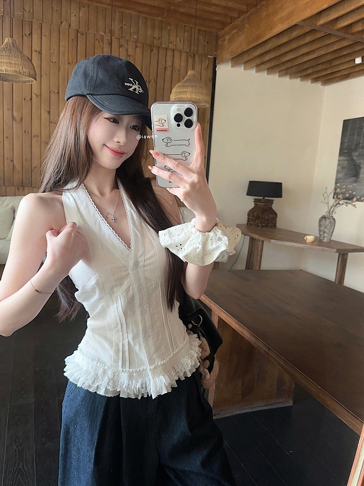 브이넥 홀터넥 레이어드조끼블라우스 힙한 프릴레이스포인트 캐미솔탑 빅사이즈 4XL까지 화이트 - 상세 이미지 3