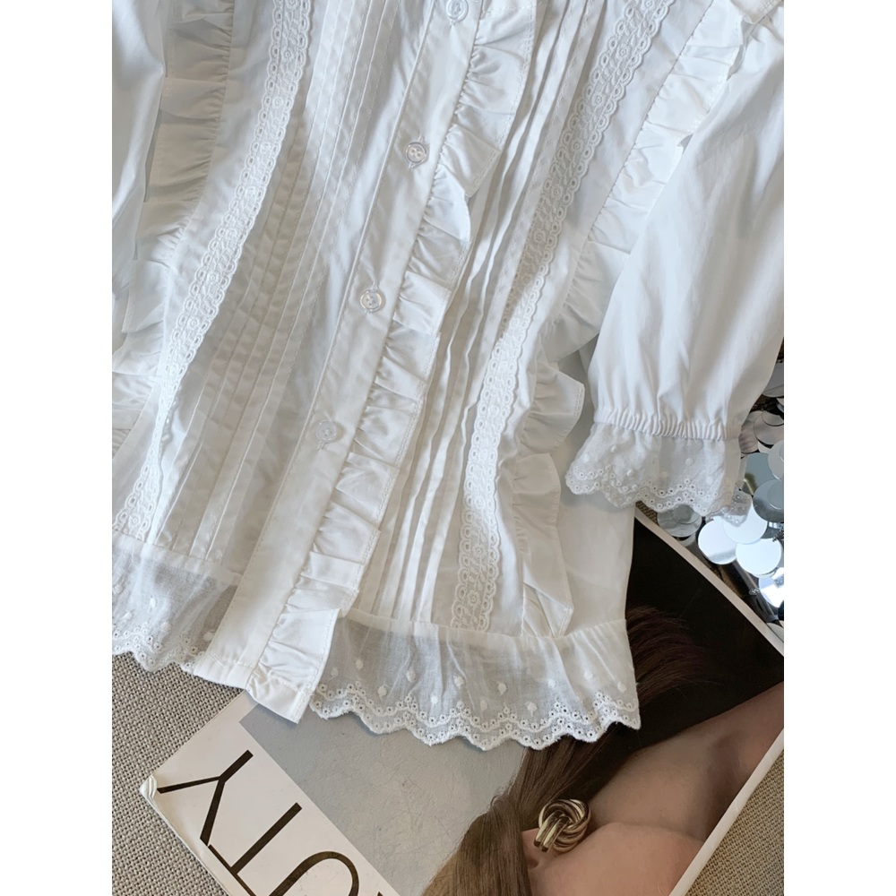 프릴라운드넥 크롭 반팔블라우스 프렌치 러플 레이스 일본풍 주름 디자인 중년여성 화이트 - 상세 이미지 4