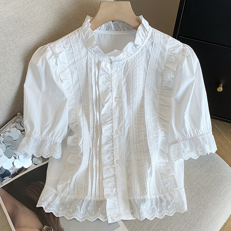프릴라운드넥 크롭 반팔블라우스 프렌치 러플 레이스 일본풍 주름 디자인 중년여성 화이트 - 상품 이미지
