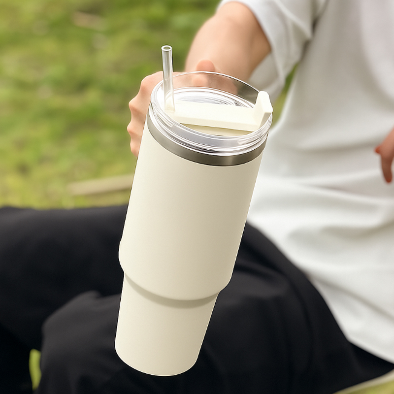 대용량 손잡이 각인텀블러 900ml 화이트 아이보리 - 상품 이미지