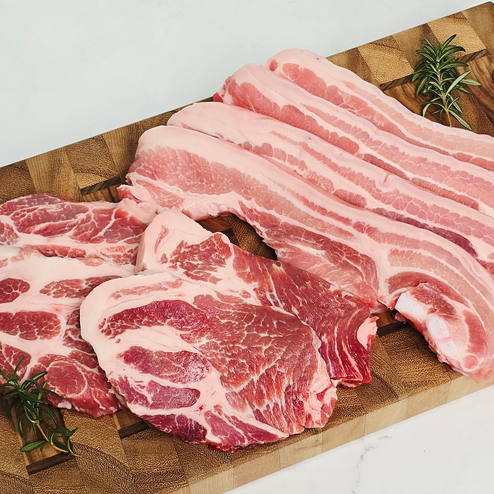 총각정육 한돈 캠핑고기 바베큐세트 생삼겹살 / 생오겹살 500g+생목살 500g 1kg 구이용 및 쌈채소 - 상세 이미지 2