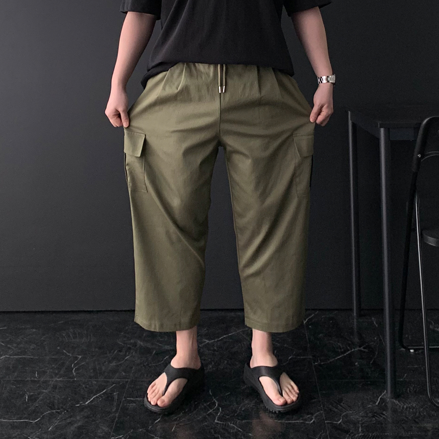 1+1 남자 여름바지 와이드 남성 린넨바지 카고 투턱 9부 스판 밴딩 빅 사이즈 고무줄 치노 팬츠 - 상세 이미지 3