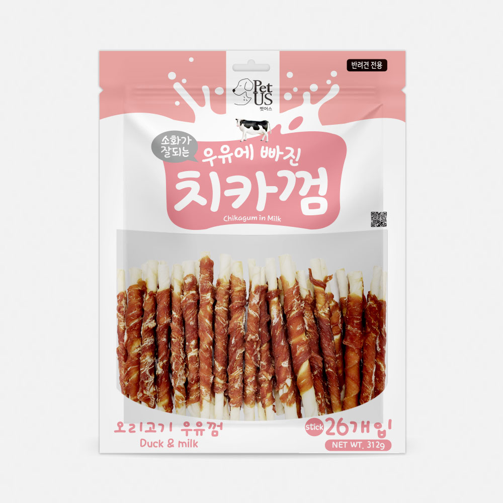 펫어스 치카 강아지양치껌 강아지스틱 오래먹는간식 오리우유껌, 스틱형, 26개 - 상품 이미지
