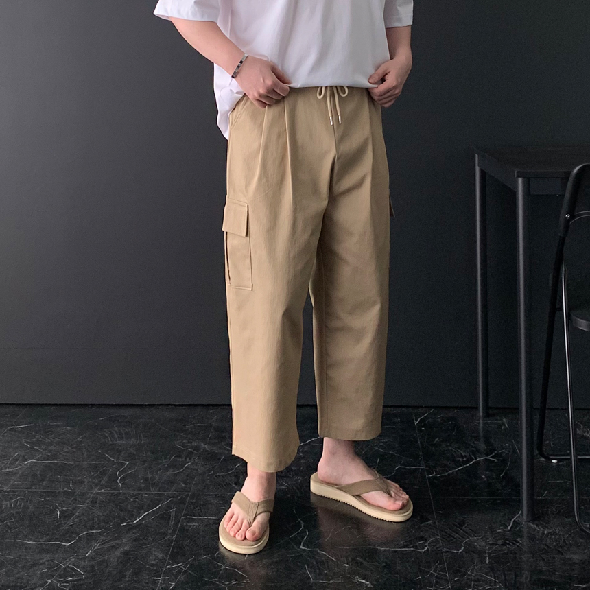 1+1 남자 여름바지 와이드 남성 린넨바지 카고 투턱 9부 스판 밴딩 빅 사이즈 고무줄 치노 팬츠 - 상세 이미지 2