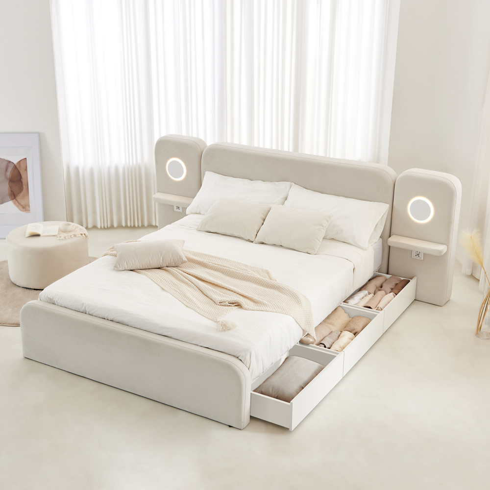 동서가구 소프틴 아쿠아텍스 패브릭 호텔 LED 수납 침대 Q+매트리스 독립매트리스, 아이보리