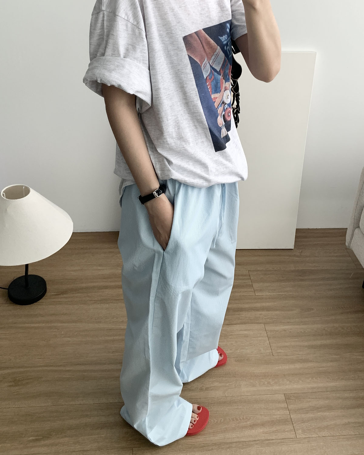 하우스 파자마 팬츠 스트라이프 밴딩 스트링 파자마팬츠 웨어링무드 (2c) - 상세 이미지 4