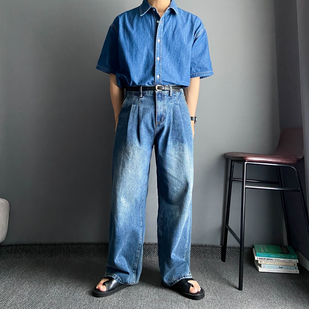 남자 반팔 청 데님 셔츠 오버핏 남방 흑청 연청 진청 - 상세 이미지 3