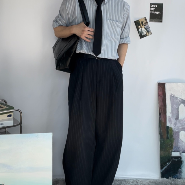 남자 스트라이프팬츠 벌룬핏 여름 와이드 슬랙스 - 상세 이미지 3