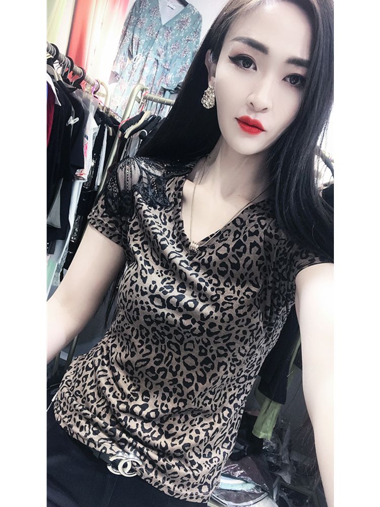 반팔 레오파드 블라우스 여성 섹시 패턴 호피 무늬 라틴 사교 댄스복 댄스 상의 라인 공연복 - 상세 이미지 4