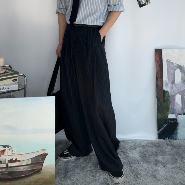 남자 스트라이프팬츠 벌룬핏 여름 와이드 슬랙스 - 상품 이미지