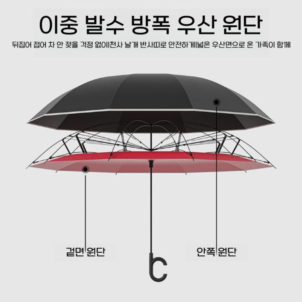 거꾸로 우산 c자형 고리 손잡이 이중층 대형 더블 레이어 폭풍 저항 프레임 - 상세 이미지 5