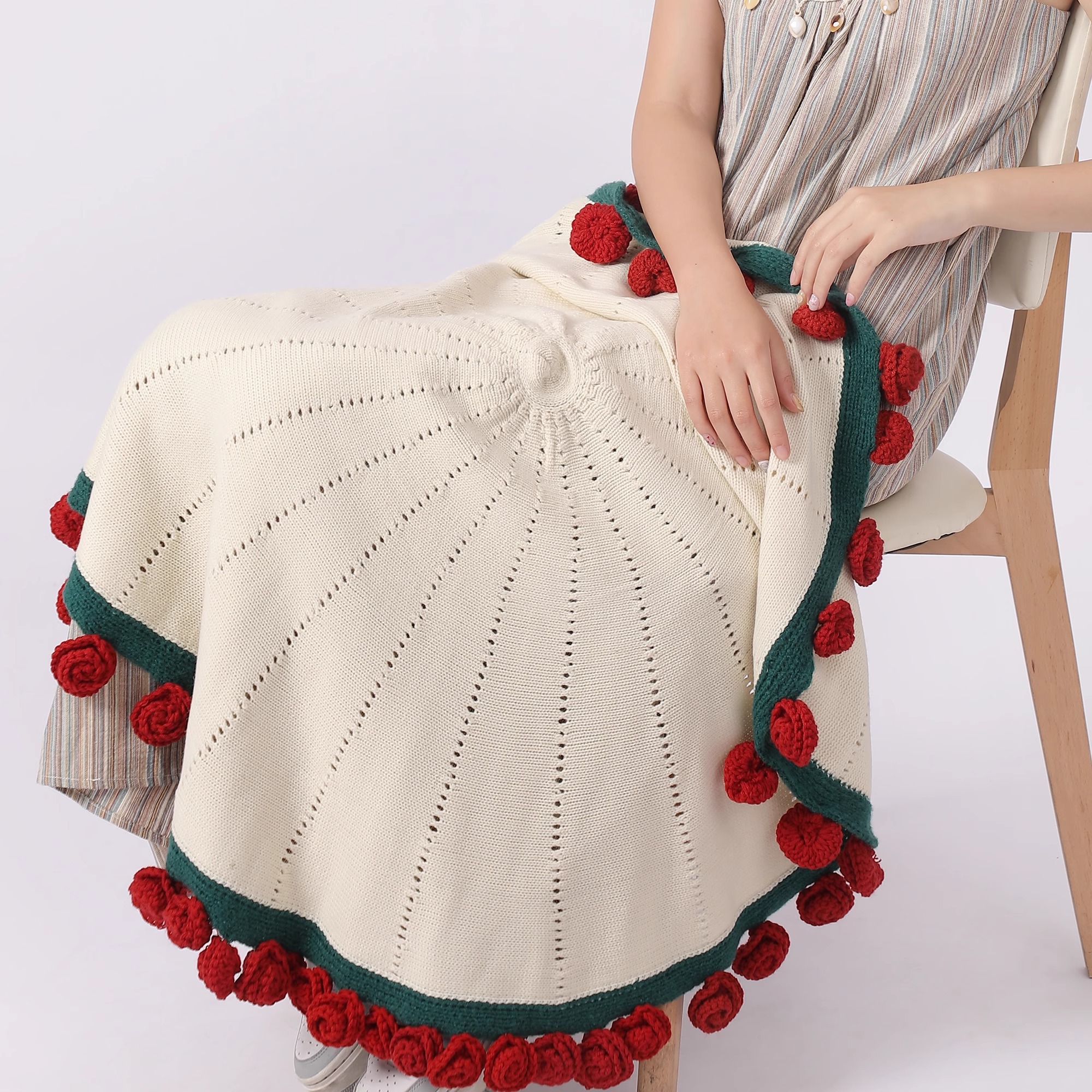 꽃다발담요 수제 뜨개질 블랭킷 완제품 꽃다발 낮잠 무릎담요 레드 장미 60cm 화이트 - 상세 이미지 2