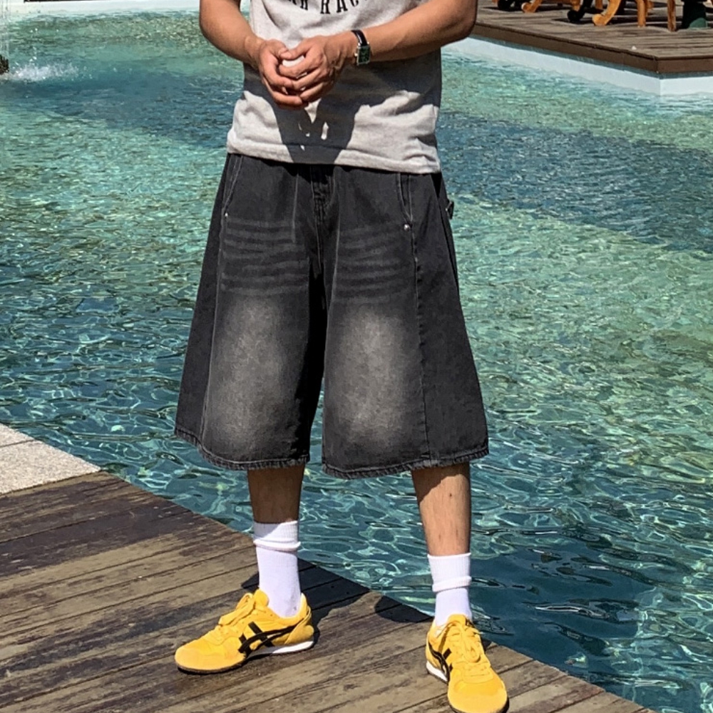 남자 여름 사이드 스냅 뒷밴딩 와이드 버뮤다 청반바지 연청 흑청