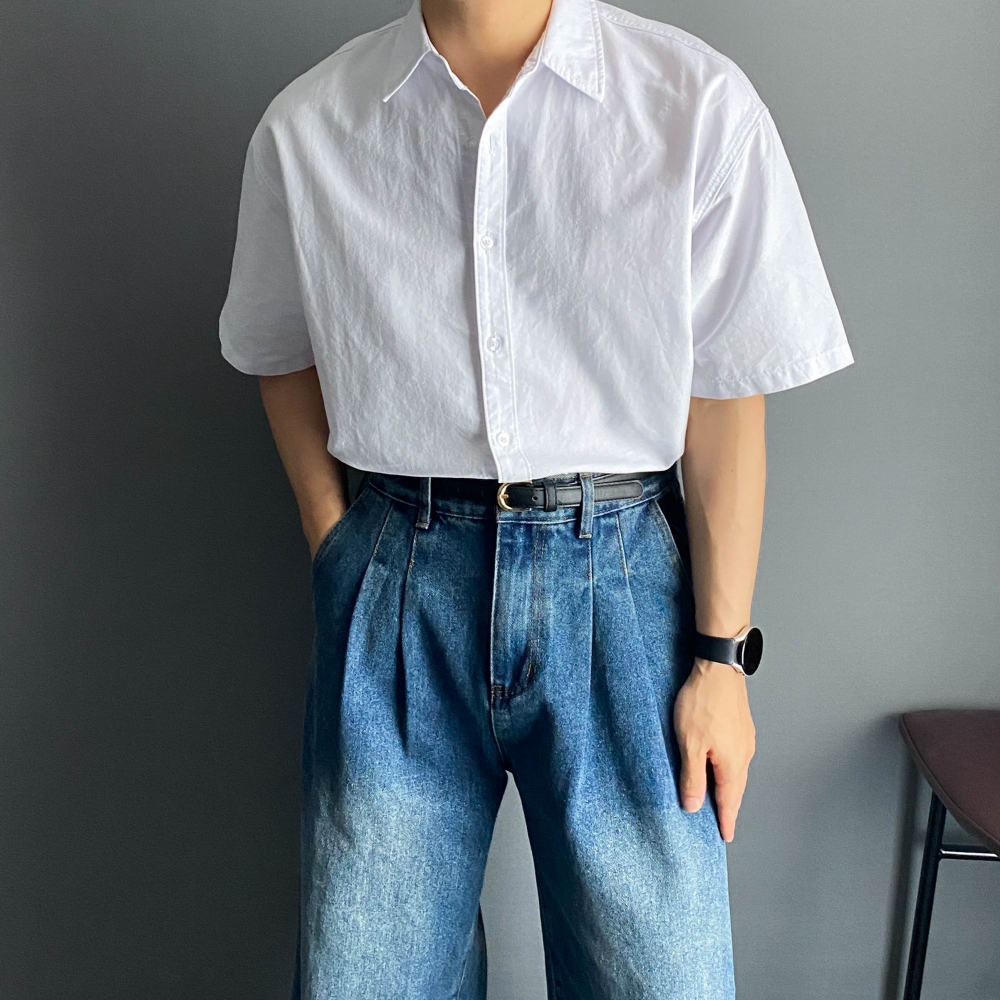 남자 반팔 청 데님 셔츠 오버핏 남방 흑청 연청 진청 - 상세 이미지 4