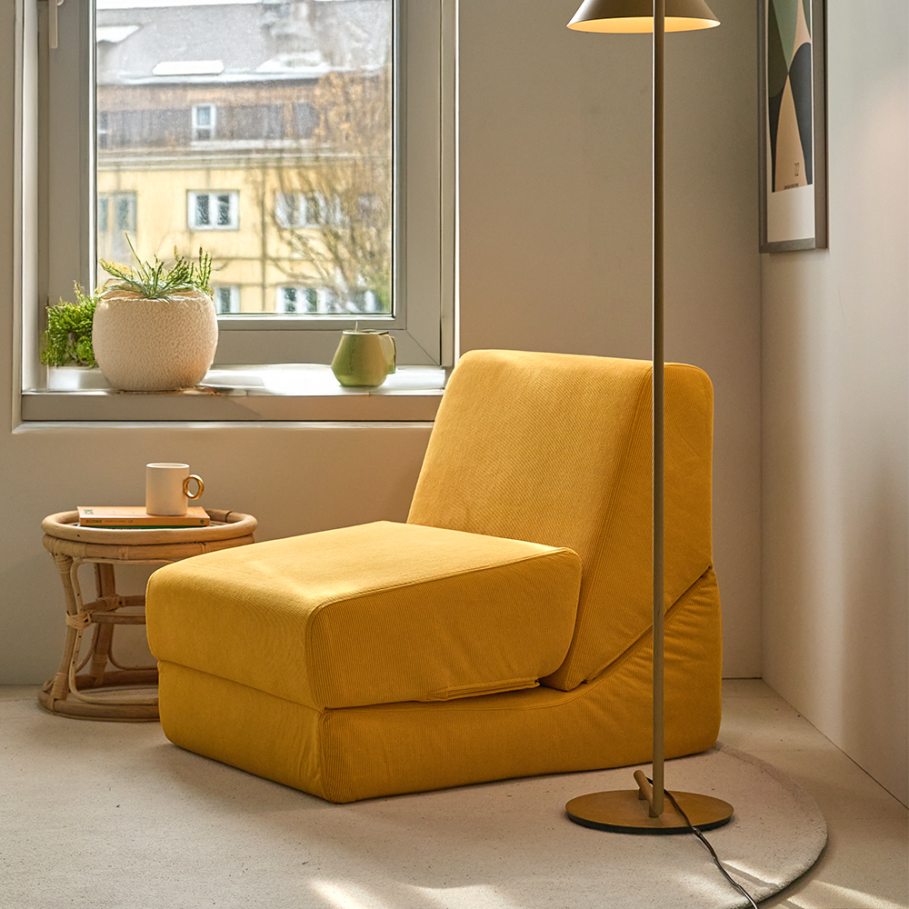 릴로 코듀로이 접이식 소파베드 1인용쇼파 스툴미포함, 머스타드, 1인용