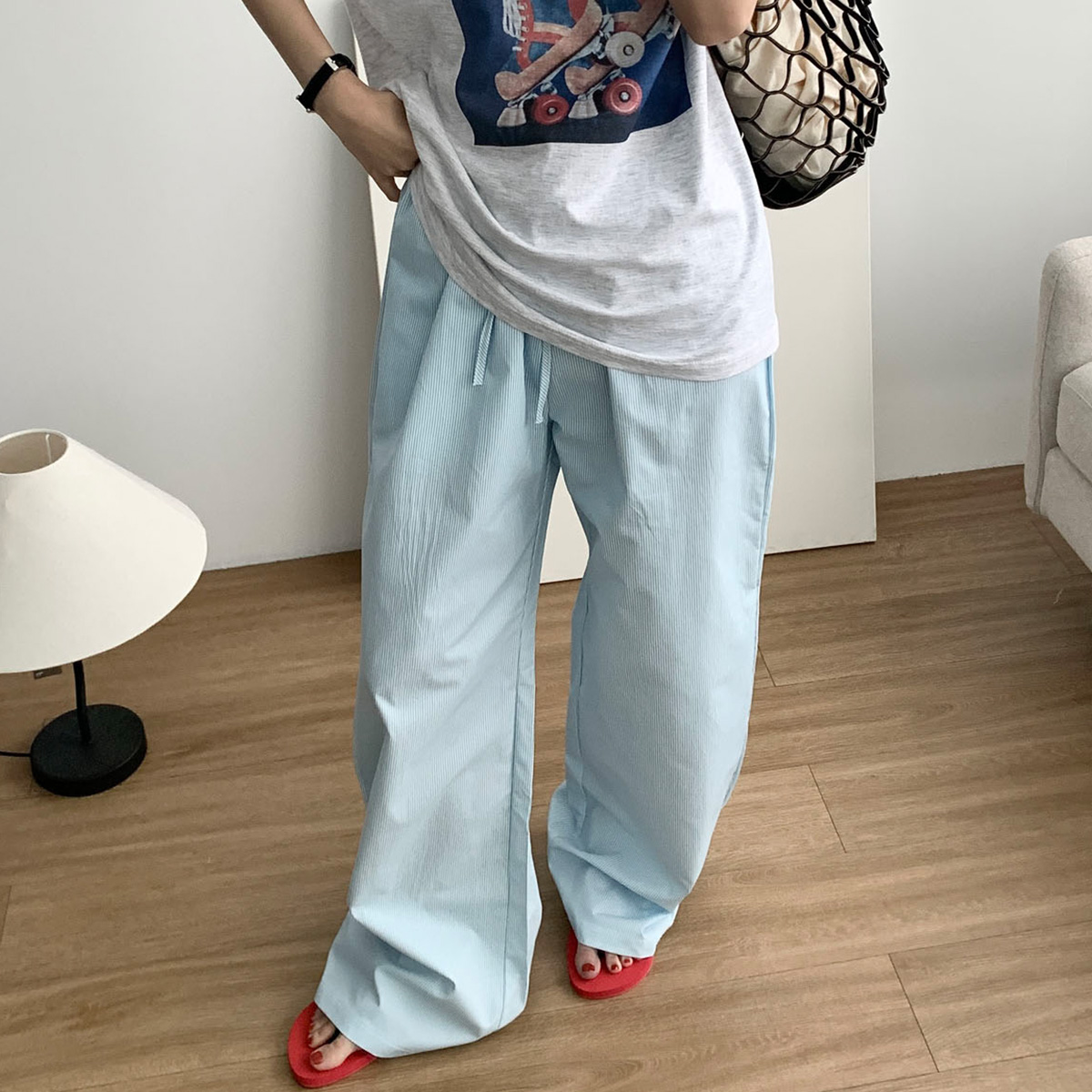 하우스 파자마 팬츠 스트라이프 밴딩 스트링 파자마팬츠 웨어링무드 (2c) - 상품 이미지