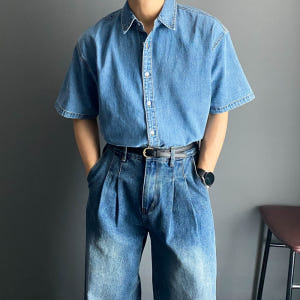 남자 반팔 청 데님 셔츠 오버핏 남방 흑청 연청 진청 착용 후기 | 사이즈/핏 총정리 - 상품 이미지 3