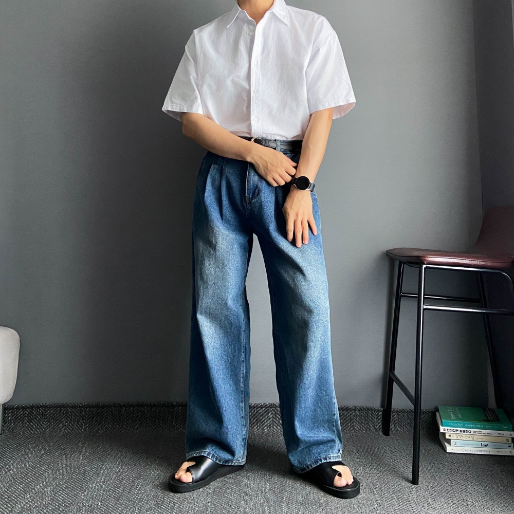 남자 반팔 청 데님 셔츠 오버핏 남방 흑청 연청 진청 - 상세 이미지 2