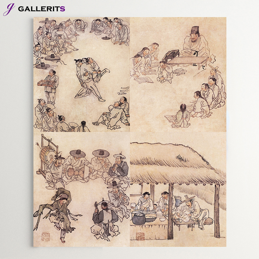 김홍도 그림 민화 씨름 서당 풍수 거실 인테리어 액자 한국화 수묵화 중형 - 상품 이미지