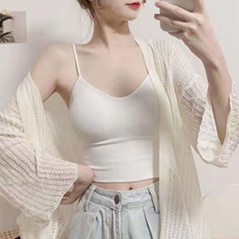 여성 끈 나시티 캡 내장 나시 브라탑 튜브탑 런닝 모달 브라캡 일체형 크롭 - 상세 이미지 2