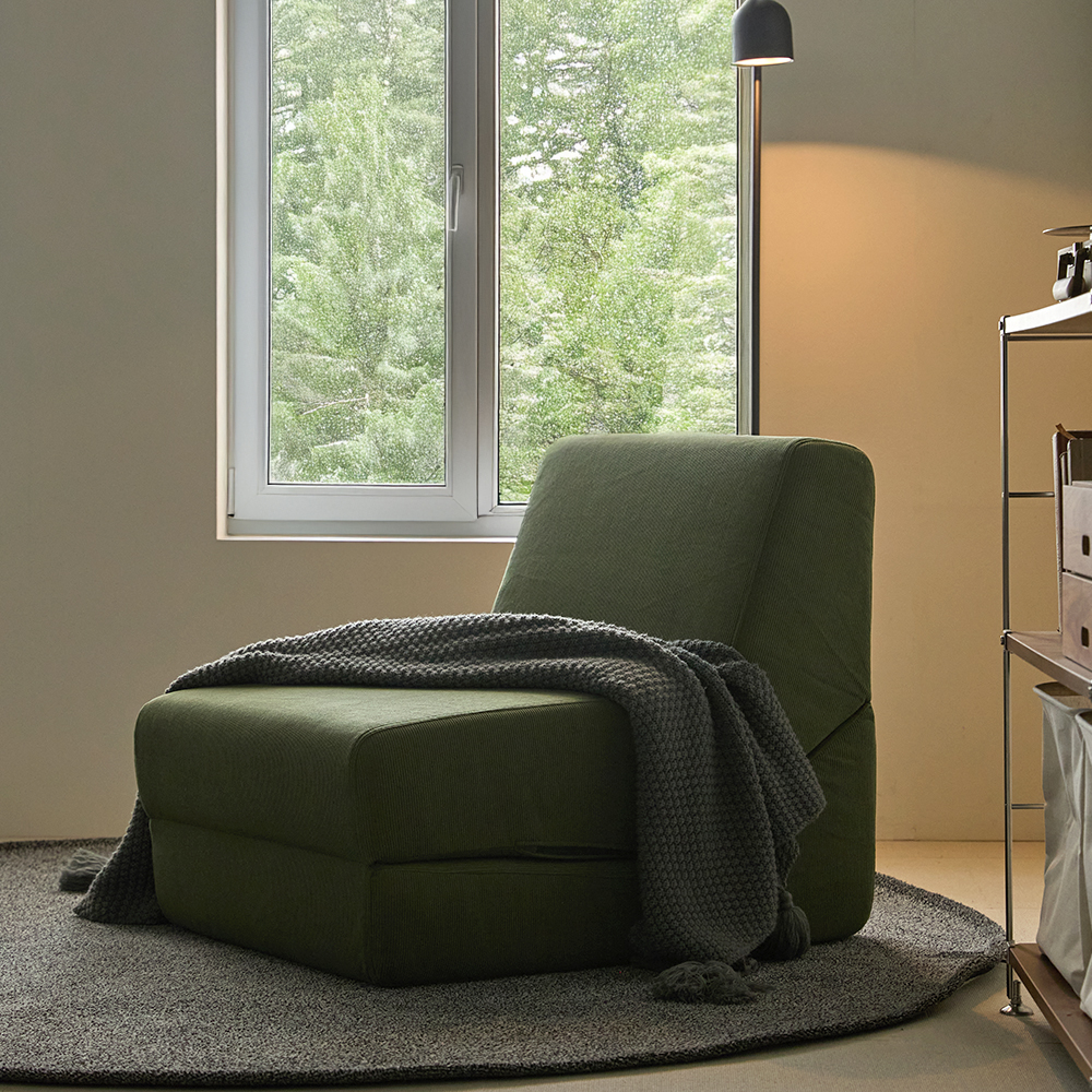 릴로 코듀로이 접이식 소파베드 1인용쇼파 스툴미포함, 포레스트그린, 1인용