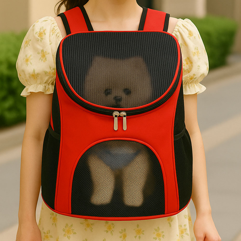 2009/ 강아지 고양이 배낭 반려동물 백팩 메쉬 통풍 댕댕이 레드 외출 여행 이동가방 - 상품 이미지