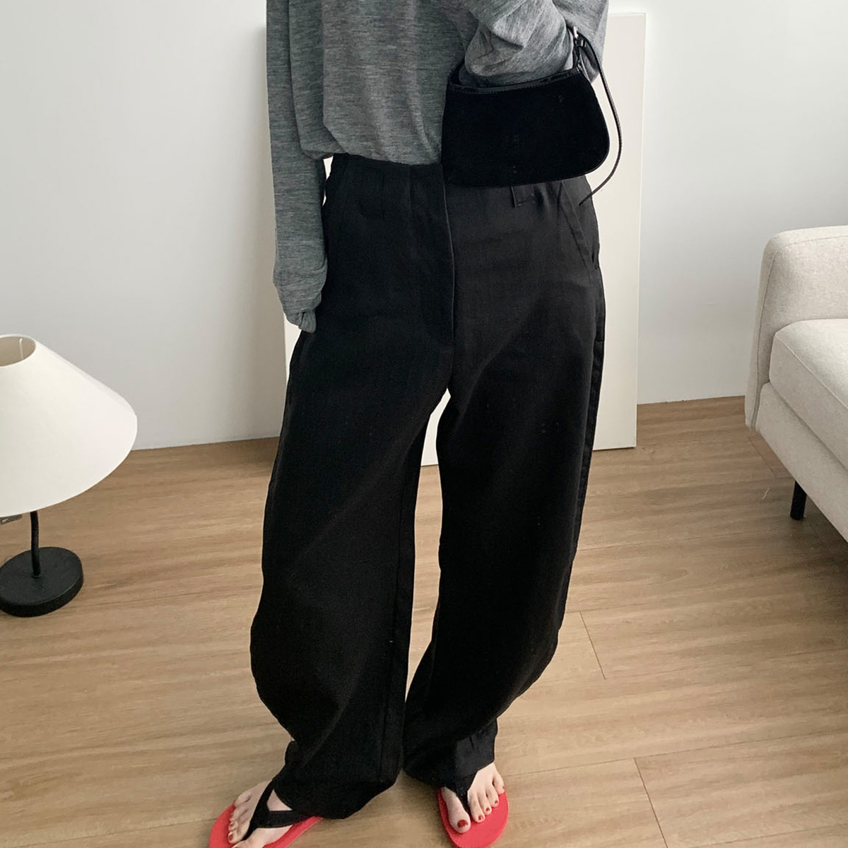 [S당일] 아웃핏 슈가 팬츠 프리미엄 린넨100 와이드슬랙스 (블랙) - 상품 이미지