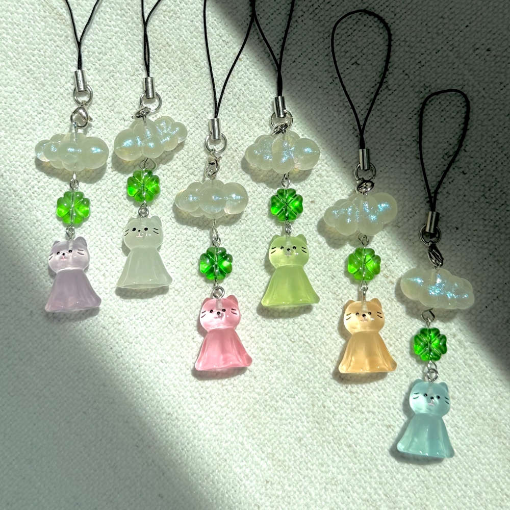 고양이 테루테루보즈 네잎클로버 날씨 요정 키링 6종 행운 부적 맑음 인형 열쇠 가방 고리 - 상품 이미지