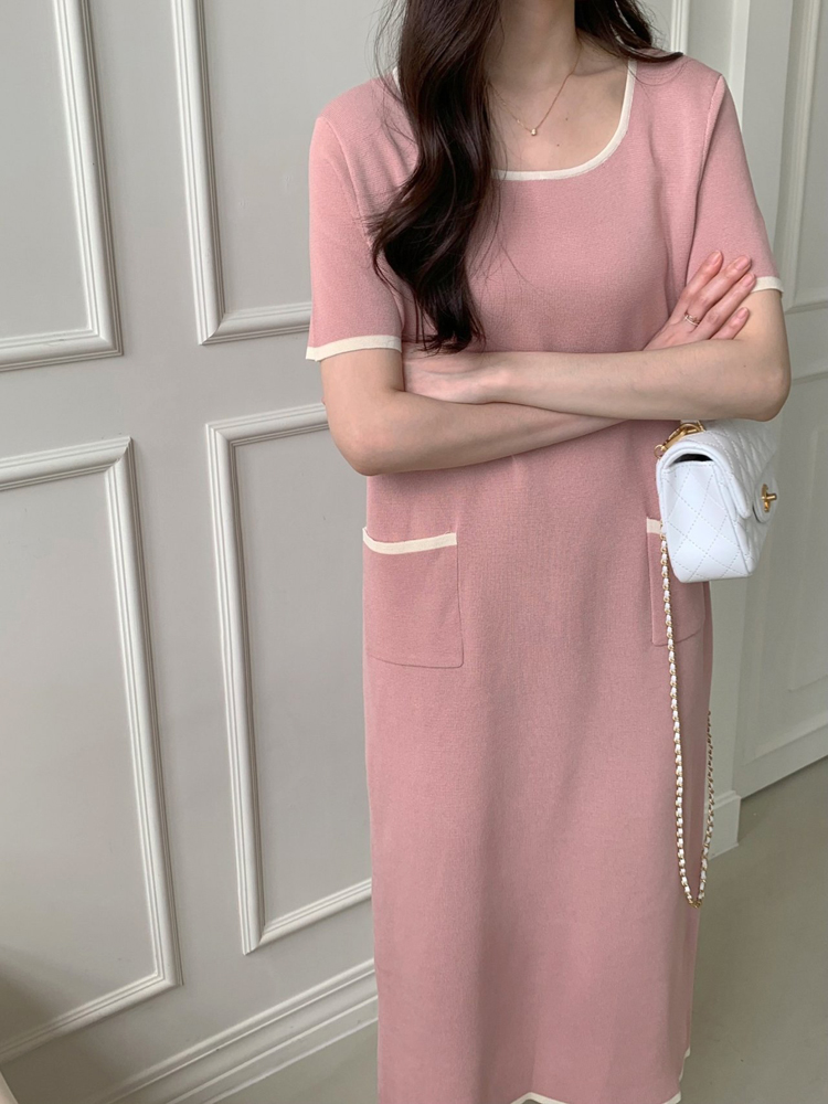 스퀘어넥 배색 포켓 여름 반팔 임산부 원피스 만삭 임부복 원피스 - 상세 이미지 5