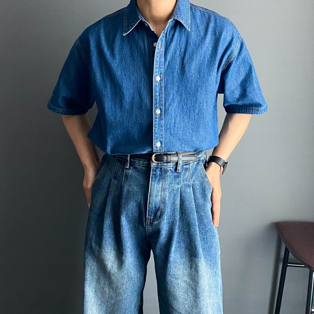 남자 반팔 청 데님 셔츠 오버핏 남방 흑청 연청 진청 - 상세 이미지 5