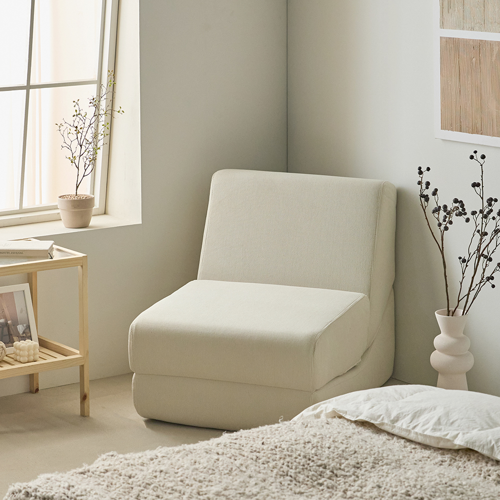 릴로 코듀로이 접이식 소파베드 1인용쇼파 스툴미포함, 크림화이트, 1인용