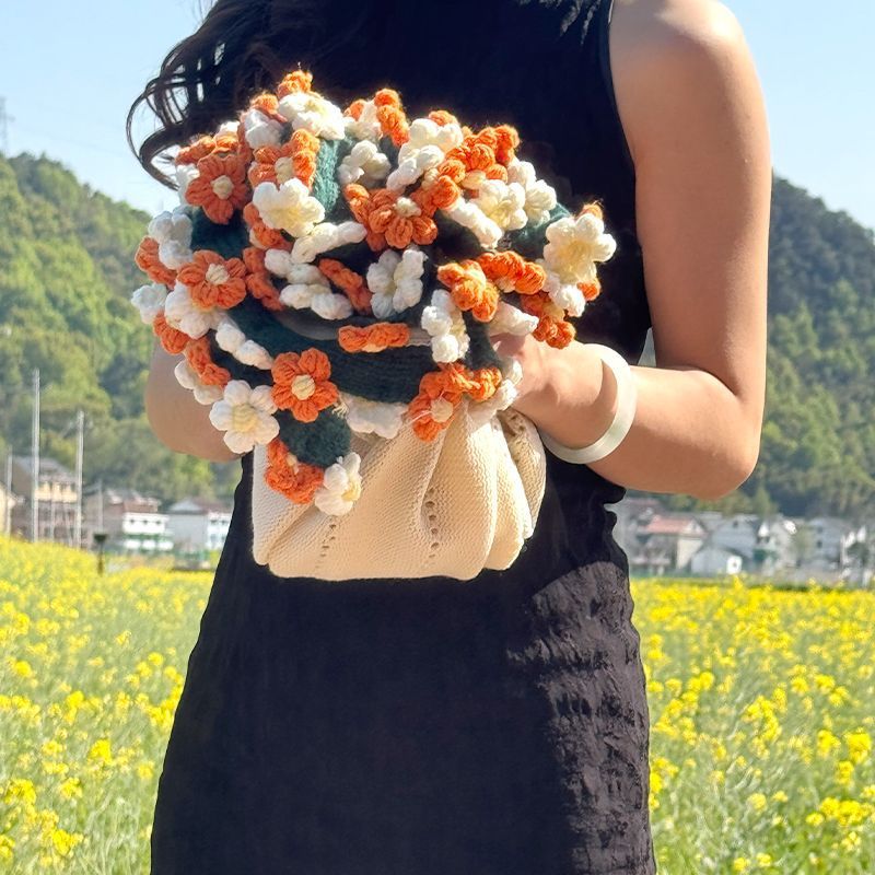 꽃다발담요 수제 뜨개질 블랭킷 완제품 꽃다발 낮잠 무릎담요 레드 장미 60cm 화이트 이미지 7