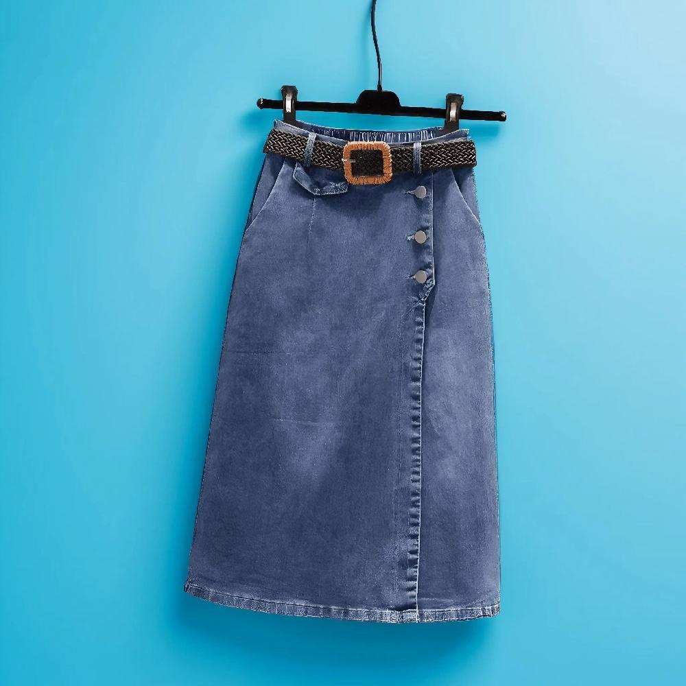 언밸런스 A라인 데님 미디스커트 bying24 블루 M(50kg 미만) - 상품 이미지