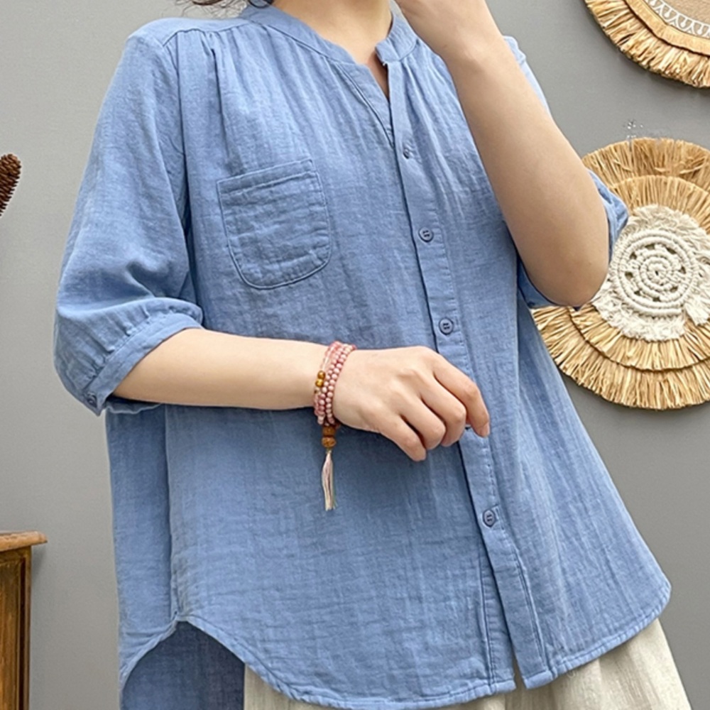 순면 5부소매 캐주얼셔츠 개량한복 느낌 스타일 중년여성 깔끔 심플 디자인 블루 여름 5컬러 - 상품 이미지