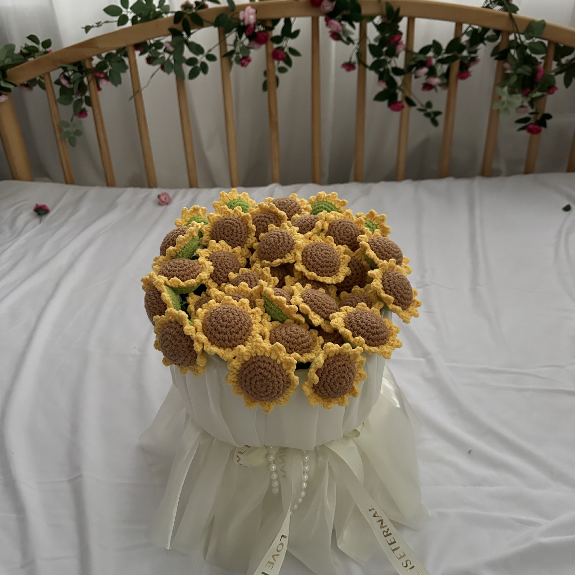 꽃다발담요 뜨개질 담요 완제품 수제 선물용 블랭킷 해바라기 아이보리 직경 60(꽃 24개) - 상세 이미지 2