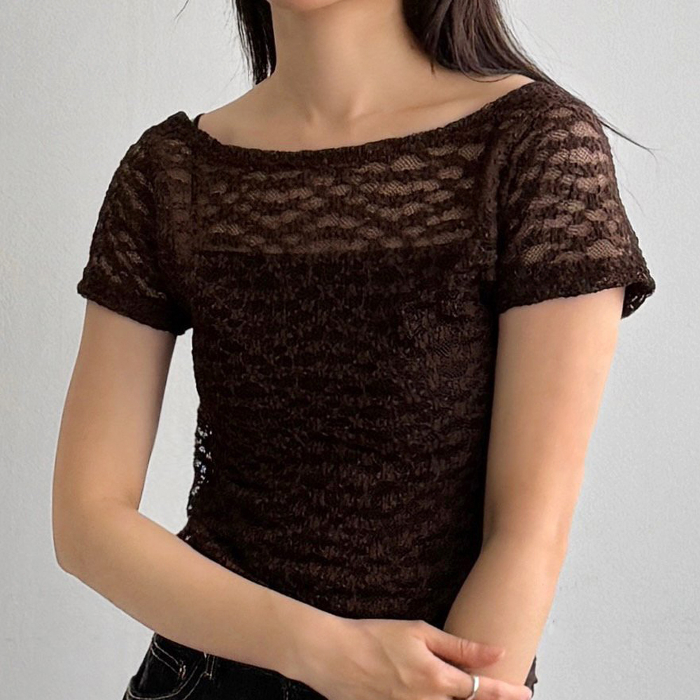 플라워 레이스 유넥 보트넥 여성 여름 티셔츠 이너 레이어드 썸머 여자 반팔티 세미크롭반팔티 - 상세 이미지 5